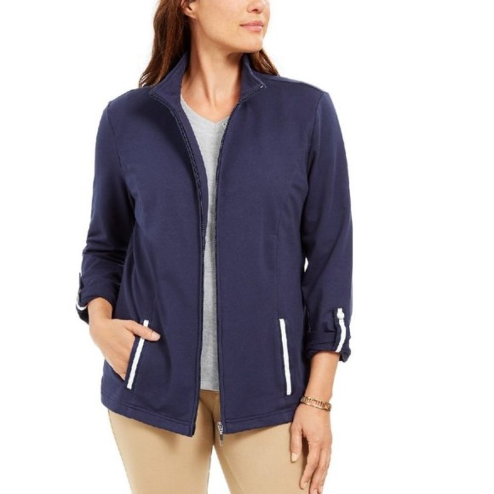 Karen Scott Sport French Terry Ribbon-Trim Jacket